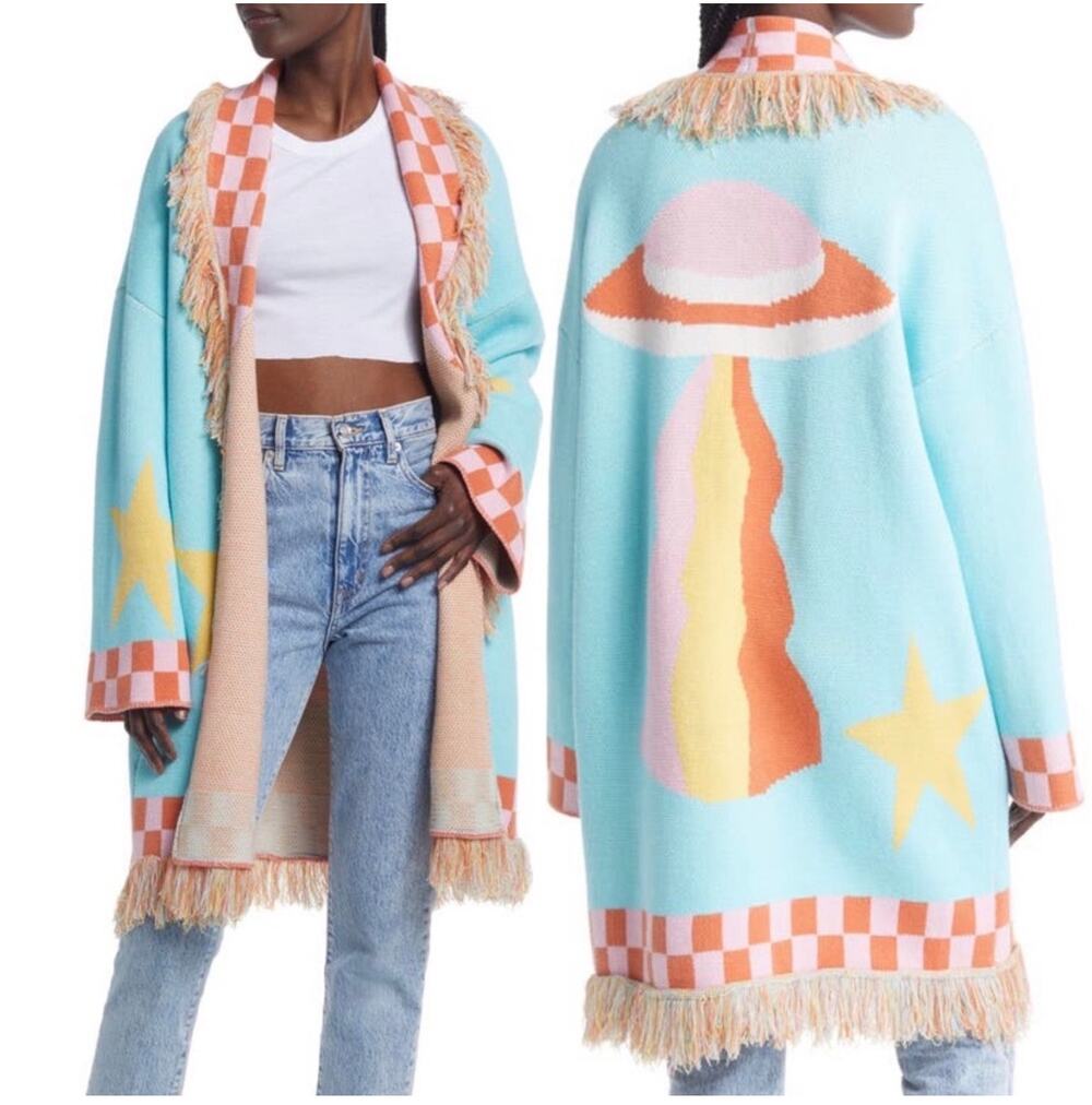 Dressed in LALA oversized UFO star colorful fringe cardigan
